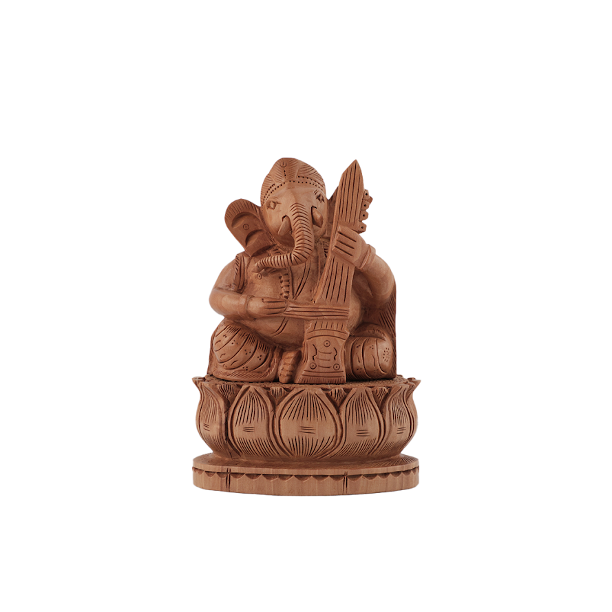 Wooden Ganpati bappa with musical instrument